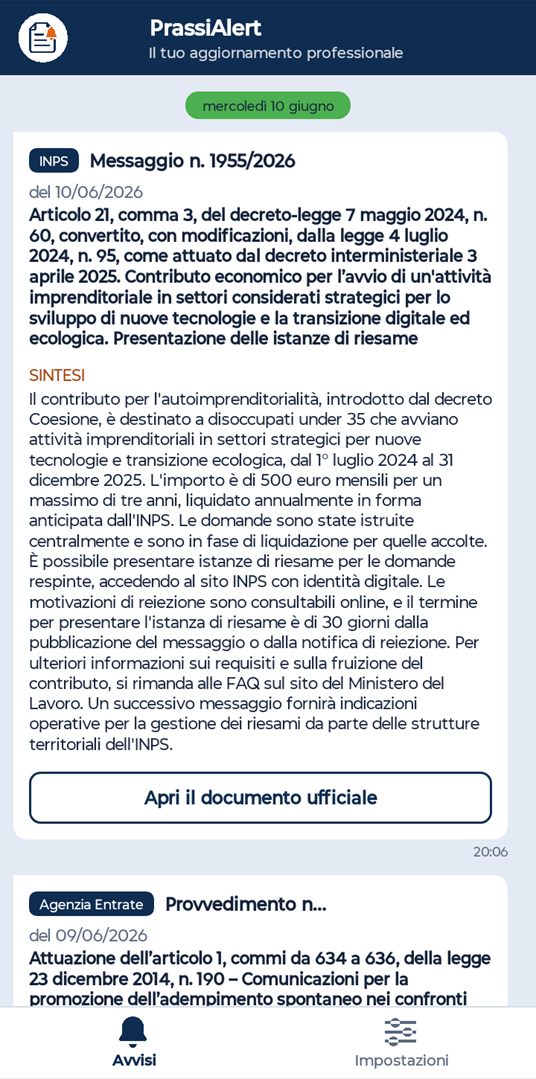 L'app PrassiAlert: un avviso INPS con la sintesi e il pulsante «Apri il documento ufficiale»